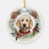 Goldendoodle Kerstkrans Feestelijke Pup Keramisch Ornament (Voorkant)