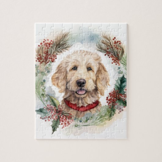 Goldendoodle Kerstkrans Feestelijke Pup Legpuzzel (Verticaal)