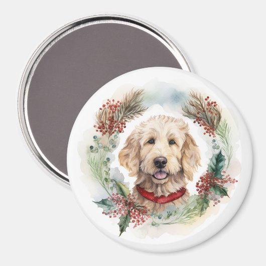 Goldendoodle Kerstkrans Feestelijke Pup Magneet (Voorkant / Achterkant)