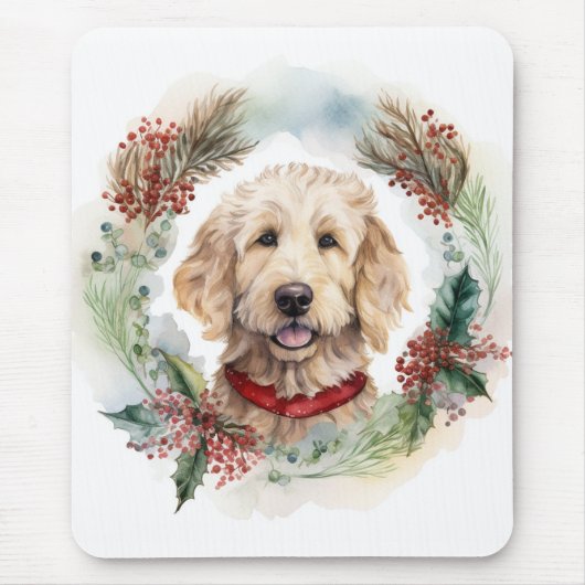Goldendoodle Kerstkrans Feestelijke Pup Muismat (Voorkant)