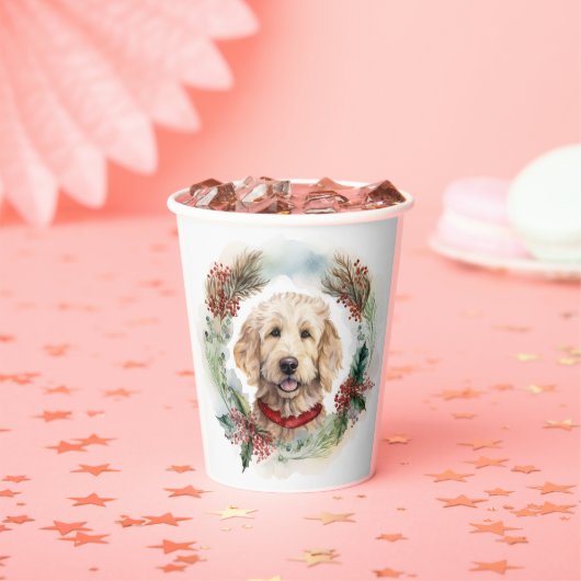 Goldendoodle Kerstkrans Feestelijke Pup Papieren Bekers (Insitu)