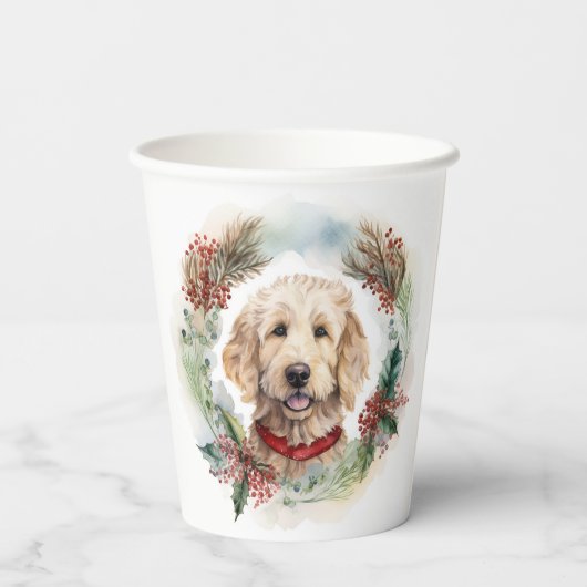 Goldendoodle Kerstkrans Feestelijke Pup Papieren Bekers (Achterkant)