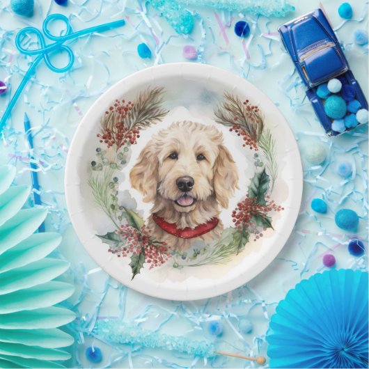 Goldendoodle Kerstkrans Feestelijke Pup Papieren Bordje (Feest)