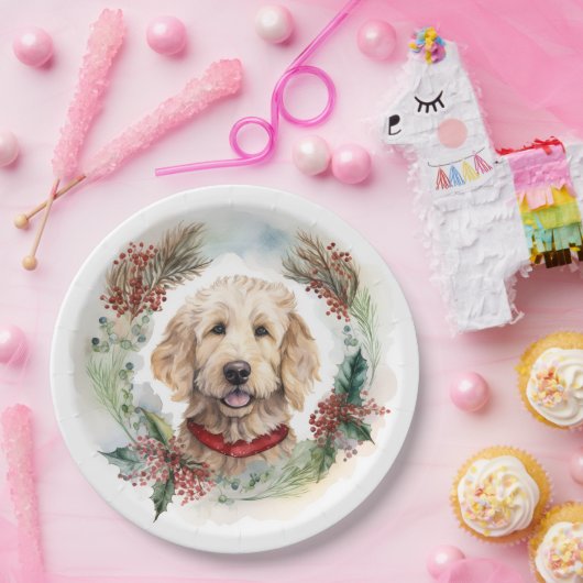 Goldendoodle Kerstkrans Feestelijke Pup Papieren Bordje (Feest)