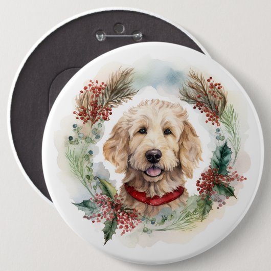Goldendoodle Kerstkrans Feestelijke Pup Ronde Button 6,0 Cm (Voorkant /achterkant)