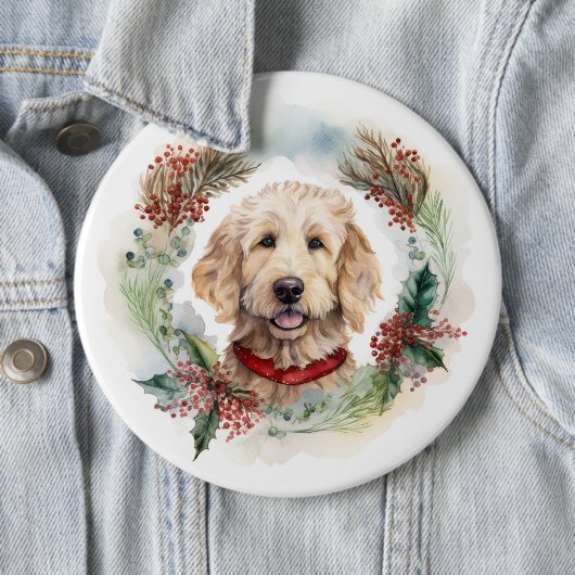 Goldendoodle Kerstkrans Feestelijke Pup Ronde Button 6,0 Cm (In situ)