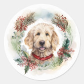 Goldendoodle Kerstkrans Feestelijke Pup Ronde Sticker (Voorkant)