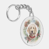 Goldendoodle Kerstkrans Feestelijke Pup Sleutelhanger (Voorkant Links)