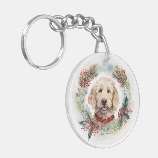Goldendoodle Kerstkrans Feestelijke Pup Sleutelhanger (Voorkant Links)