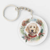 Goldendoodle Kerstkrans Feestelijke Pup Sleutelhanger (Voorkant)