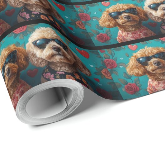 Goldendoodle met hart Rozen Valentijnsdag Cadeaupapier (Rol Hoek)