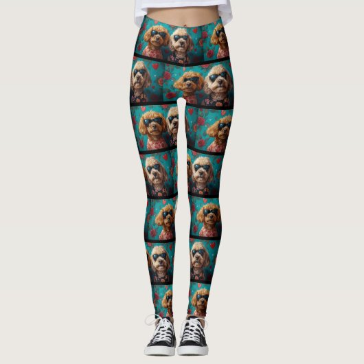 Goldendoodle met hartrozen Valentijnsdag Leggings (Voorkant)