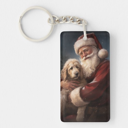 Goldendoodle met kerstman Festive Kerstmis Sleutelhanger (Voorkant)