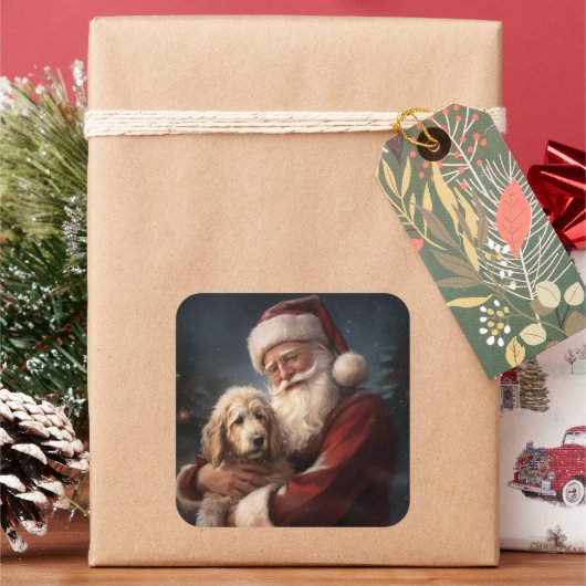 Goldendoodle Met Sinterklaas Feestelijke Kerstmis Vierkante Sticker (Feestdagen)