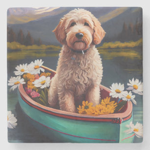 Goldendoodle op een peddel: Een landschappelijk av Stenen Onderzetter