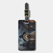 Goldendoodle pompoenen Halloween eng Bagagelabel (Voorkant verticaal)