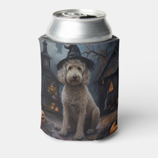 Goldendoodle pompoenen Halloween eng Blikjeskoeler (Blikje Achterkant)
