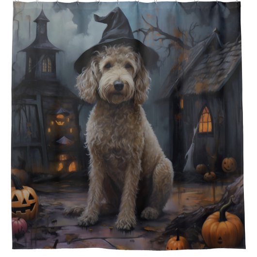 Goldendoodle pompoenen Halloween eng Douchegordijn (Voorkant)