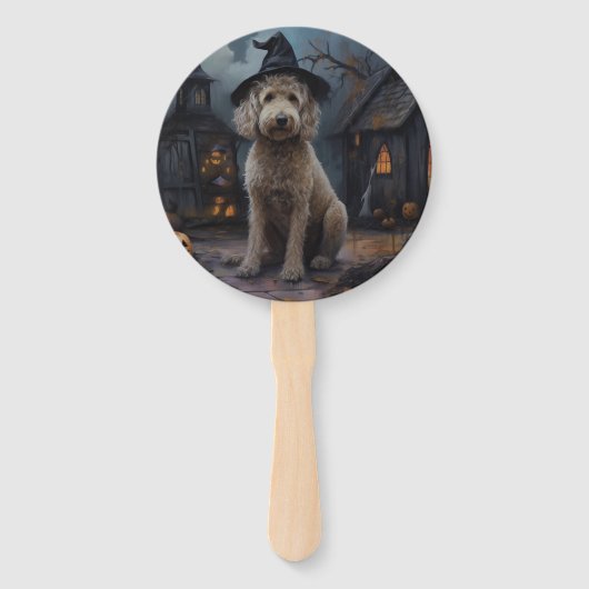 Goldendoodle pompoenen Halloween eng Handwaaier (Achterkant)