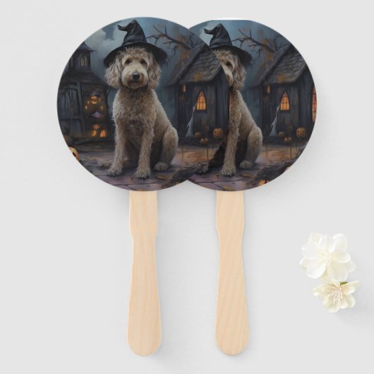Goldendoodle pompoenen Halloween eng Handwaaier (Voorkant en achterkant)