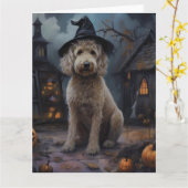 Goldendoodle pompoenen Halloween eng Kaart (Gele Bloem)