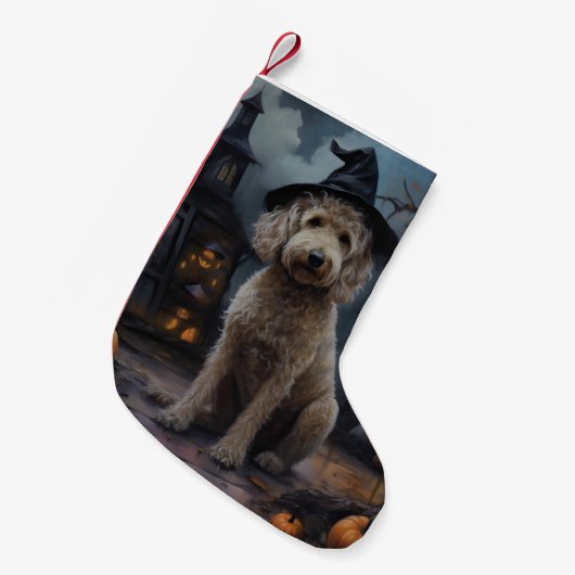 Goldendoodle pompoenen Halloween eng Kleine Kerstsok (Voorkant (Hangend))