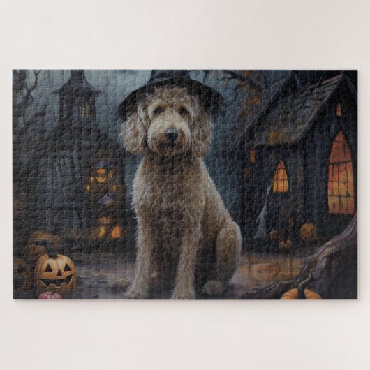 Goldendoodle pompoenen Halloween eng Legpuzzel (Horizontaal)