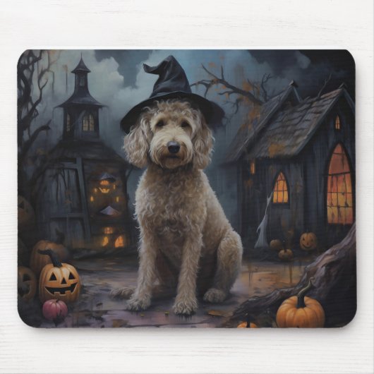 Goldendoodle pompoenen Halloween eng Muismat (Voorkant)