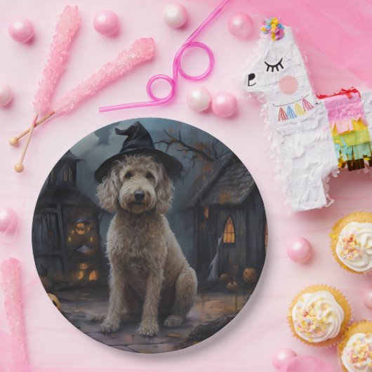 Goldendoodle pompoenen Halloween eng Papieren Bordje (Feest)
