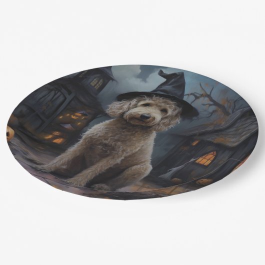 Goldendoodle pompoenen Halloween eng Papieren Bordje (Gekanteld)