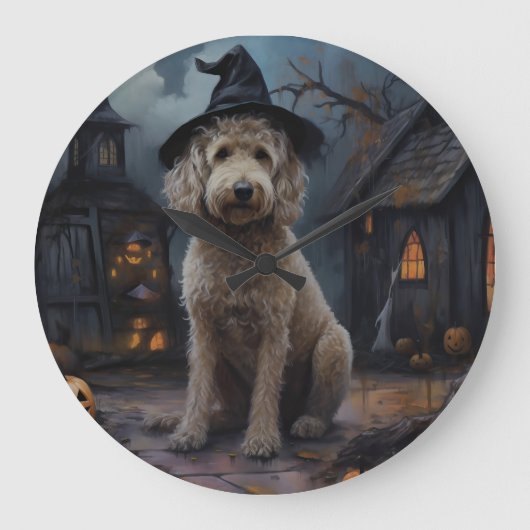 Goldendoodle Pompoenen Halloween Griezelen Grote Klok (Voorkant)