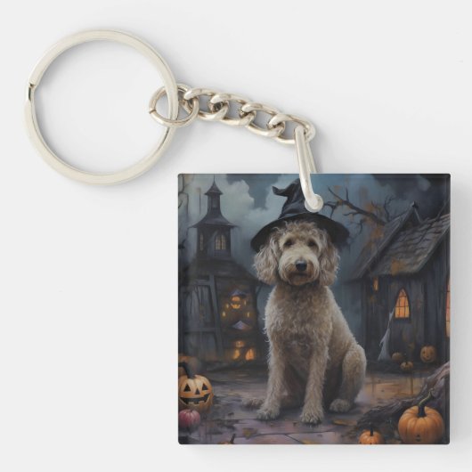 Goldendoodle Pompoenen Halloween Griezelen Sleutelhanger (Voorkant)