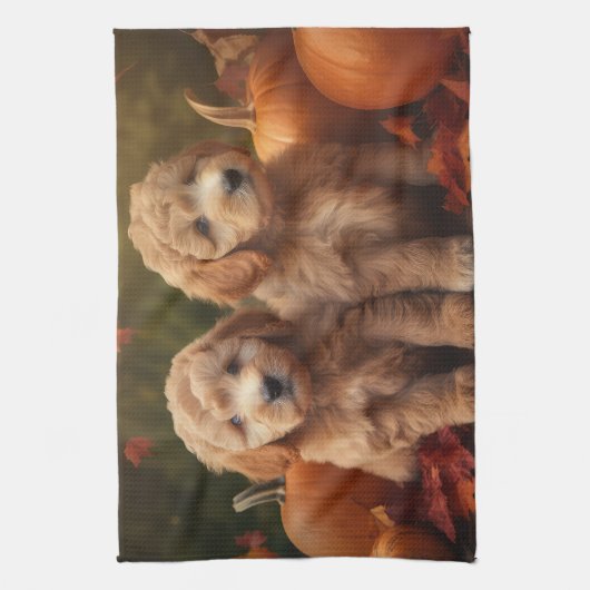 Goldendoodle Puppy Herfst Delight Pompoen Theedoek (Verticaal)