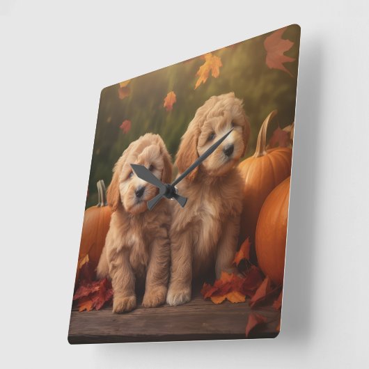 Goldendoodle Puppy Herfst Delight Pompoen Vierkante Klok (Hoek)