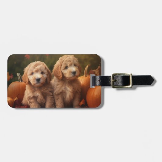Goldendoodle Puppy Herfst Plezier Pompoen Bagagelabel (Voorkant horizontaal)