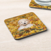 Goldendoodle Puppy In Fall Leaves Bier Onderzetter (Linkerzijde)