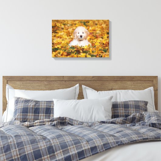 Goldendoodle Puppy In Fall Leaves Canvas Afdruk (Insitu (Slaapkamer))