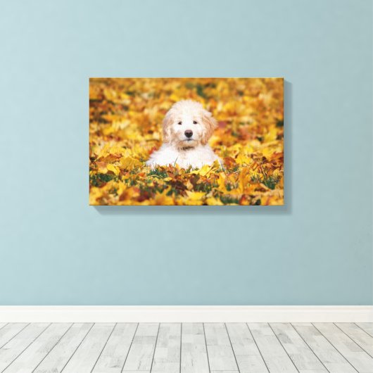 Goldendoodle Puppy In Fall Leaves Canvas Afdruk (Insitu (Houten vloer))
