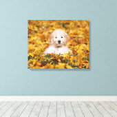 Goldendoodle Puppy In Fall Leaves Canvas Afdruk (Insitu (Houten vloer))