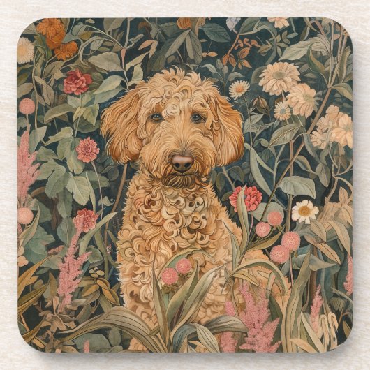 Goldendoodle Puppy in William Morris Style Garden Bier Onderzetter (Voorkant)