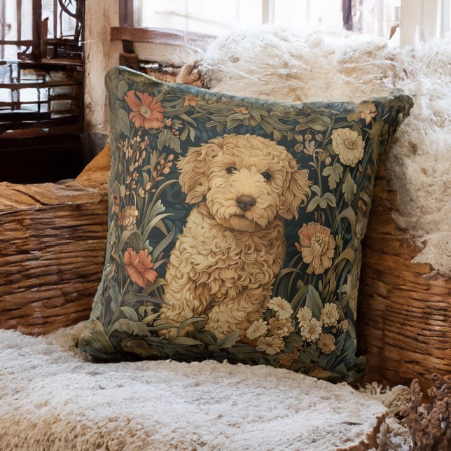 Goldendoodle Puppy in William Morris Style Garden Kussen (Creator heeft geüpload)