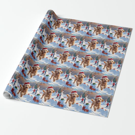 Goldendoodle Rent in de Sneeuw met Kerstmuts Cadeaupapier (Uitgerold)