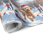 Goldendoodle Rent in de Sneeuw met Kerstmuts Cadeaupapier (Rol Hoek)