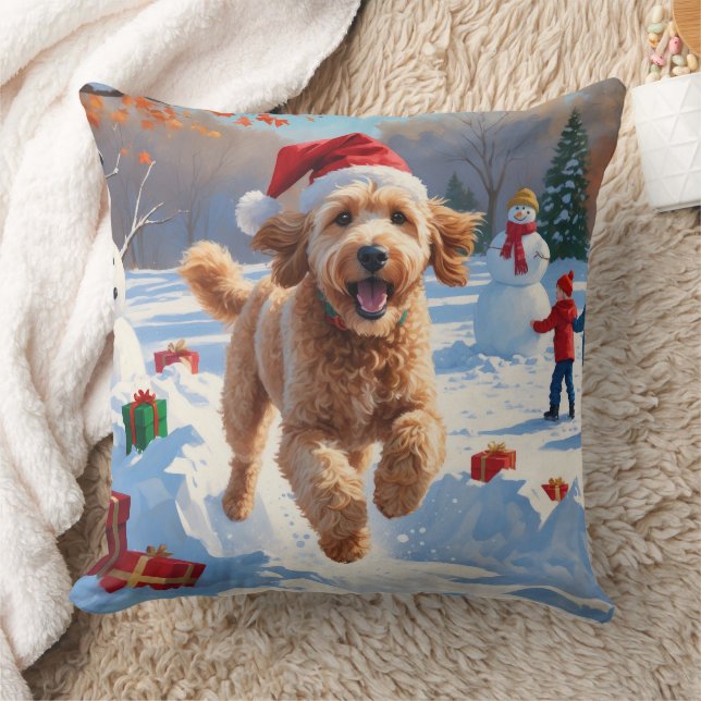 Goldendoodle Rent in de Sneeuw met Kerstmuts Kussen (Deken)