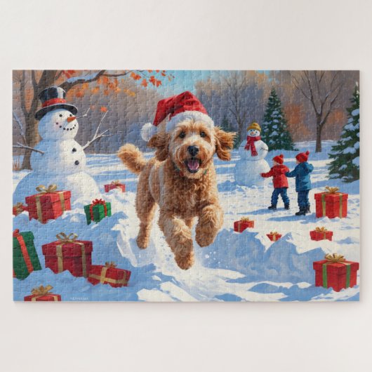 Goldendoodle Rent in de Sneeuw met Kerstmuts Legpuzzel (Horizontaal)