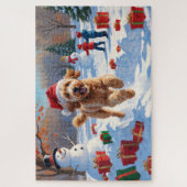 Goldendoodle Rent in de Sneeuw met Kerstmuts Legpuzzel (Verticaal)