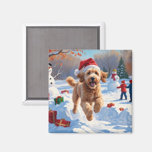 Goldendoodle Rent in de Sneeuw met Kerstmuts Magneet (Voorkant / Achterkant)