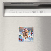 Goldendoodle Rent in de Sneeuw met Kerstmuts Magneet (Insitu (Vaatwasser))