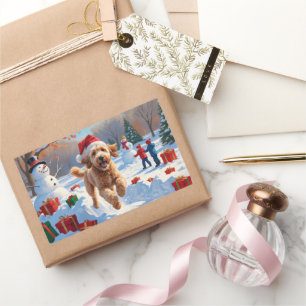 Goldendoodle Rent in de Sneeuw met Kerstmuts Rechthoekige Sticker