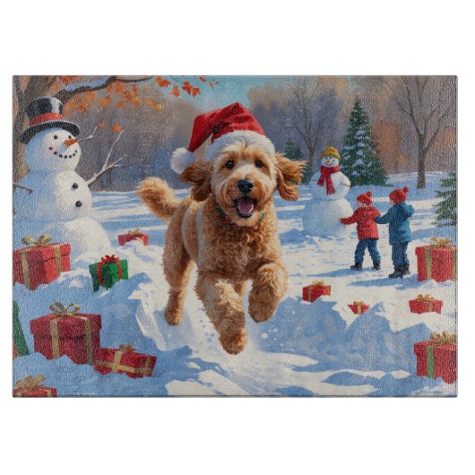 Goldendoodle Rent in de Sneeuw met Kerstmuts Snijplank (Voorkant)